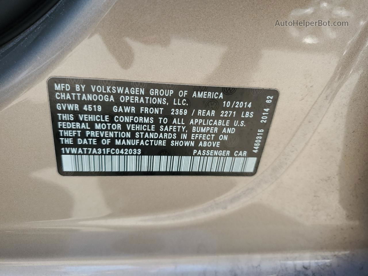 2015 Volkswagen Passat S Желто-коричневый vin: 1VWAT7A31FC042033
