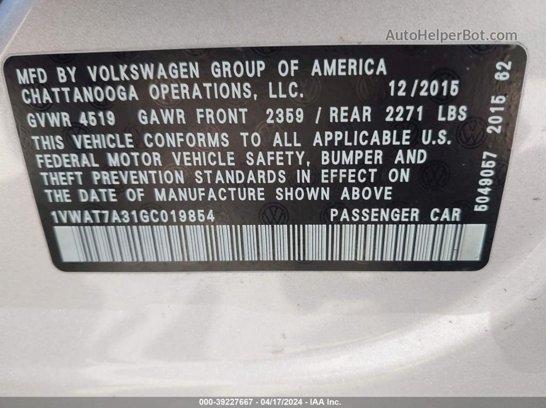 2016 Volkswagen Passat 1.8t S Silver vin: 1VWAT7A31GC019854