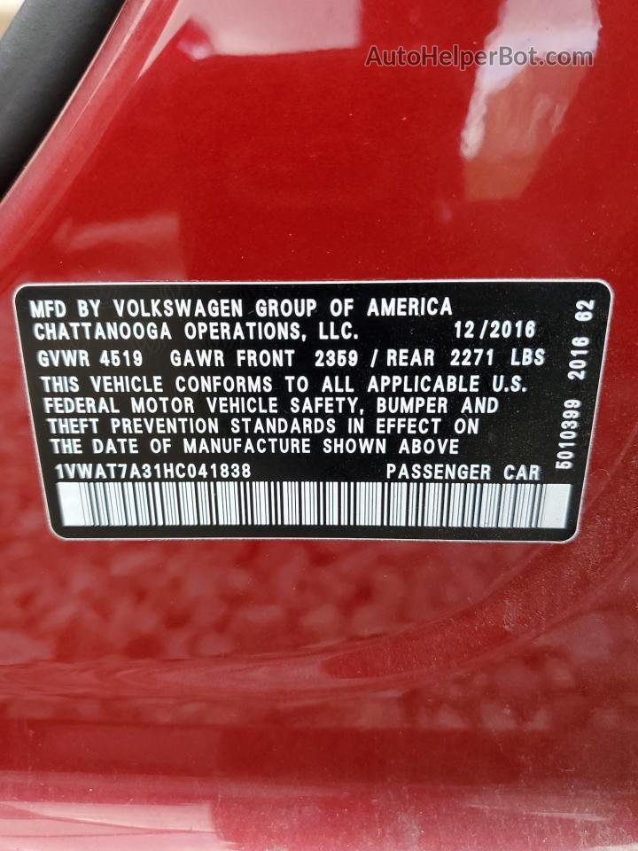 2017 Volkswagen Passat S Красный vin: 1VWAT7A31HC041838