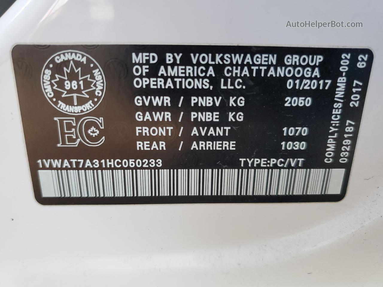 2017 Volkswagen Passat S White vin: 1VWAT7A31HC050233