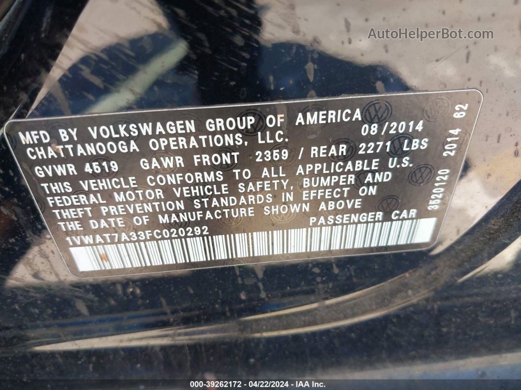 2015 Volkswagen Passat 1.8t Wolfsburg Edition Black vin: 1VWAT7A33FC020292