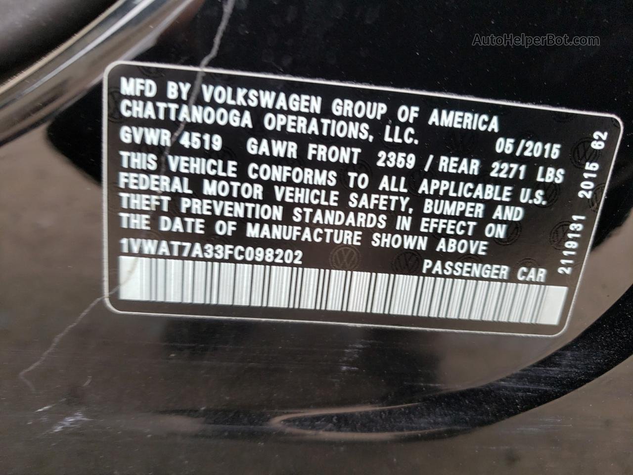 2015 Volkswagen Passat S Черный vin: 1VWAT7A33FC098202