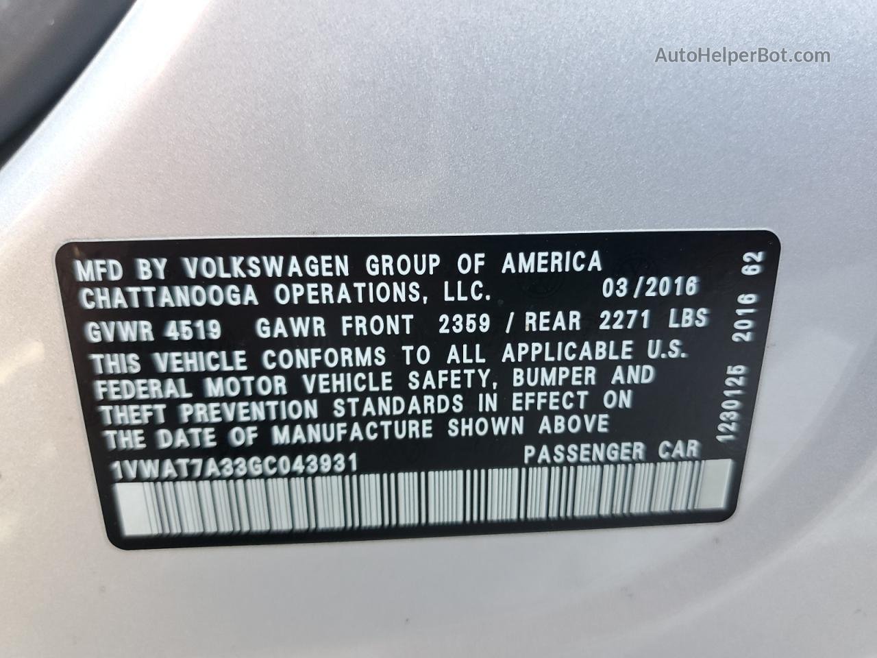 2016 Volkswagen Passat S Серебряный vin: 1VWAT7A33GC043931