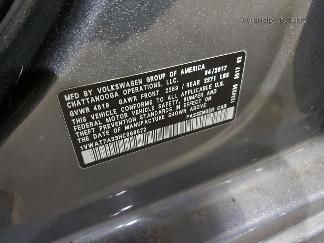 2017 Volkswagen Passat S Gray vin: 1VWAT7A33HC068572