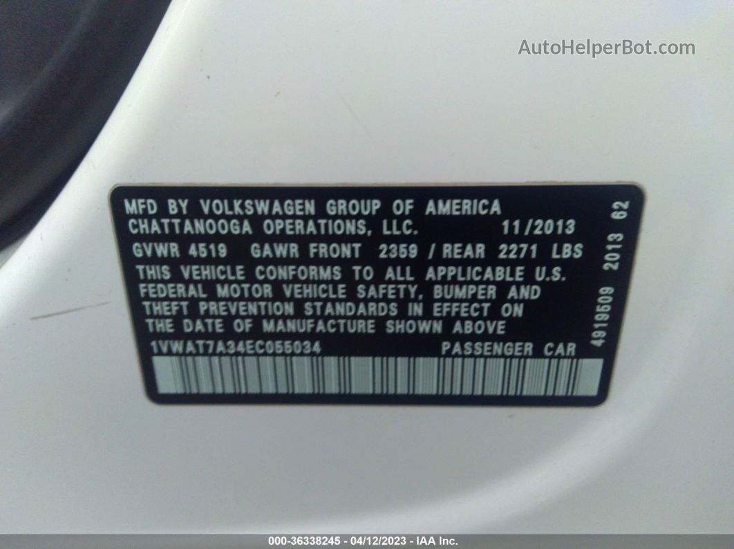 2014 Volkswagen Passat Wolfsburg Ed White vin: 1VWAT7A34EC055034