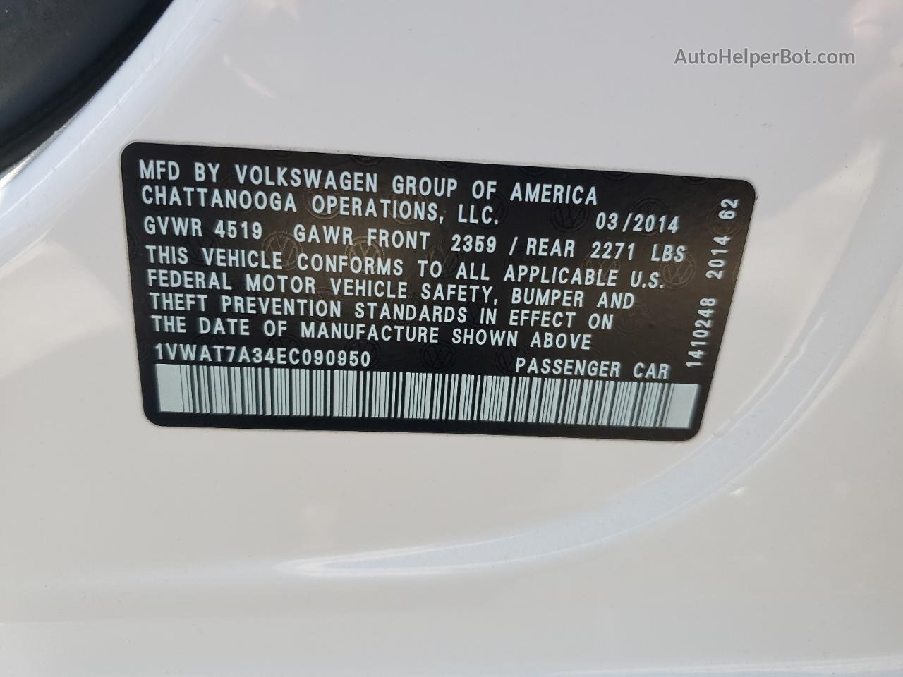 2014 Volkswagen Passat S White vin: 1VWAT7A34EC090950