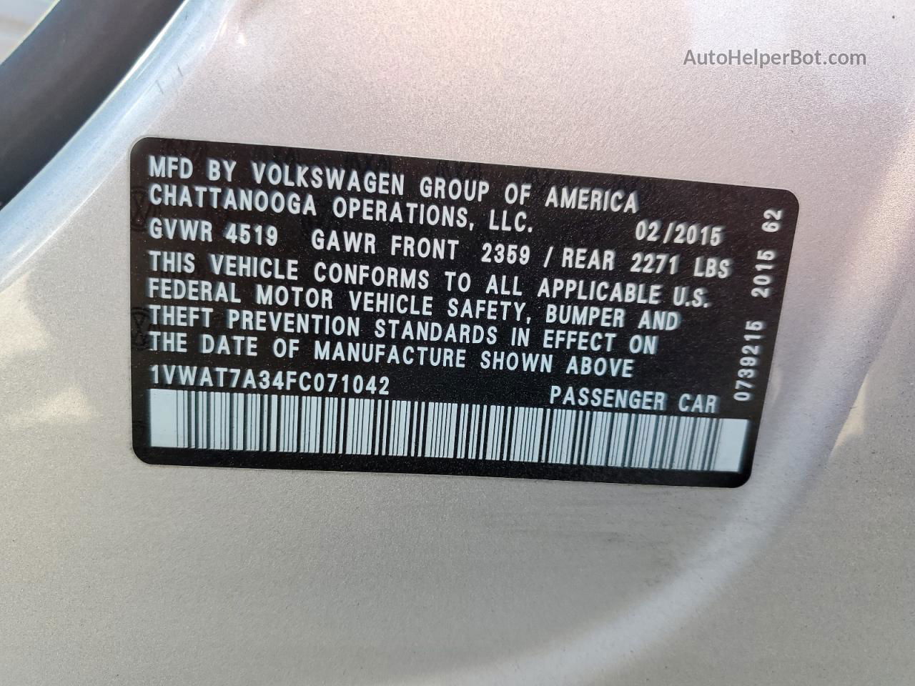 2015 Volkswagen Passat S Серебряный vin: 1VWAT7A34FC071042