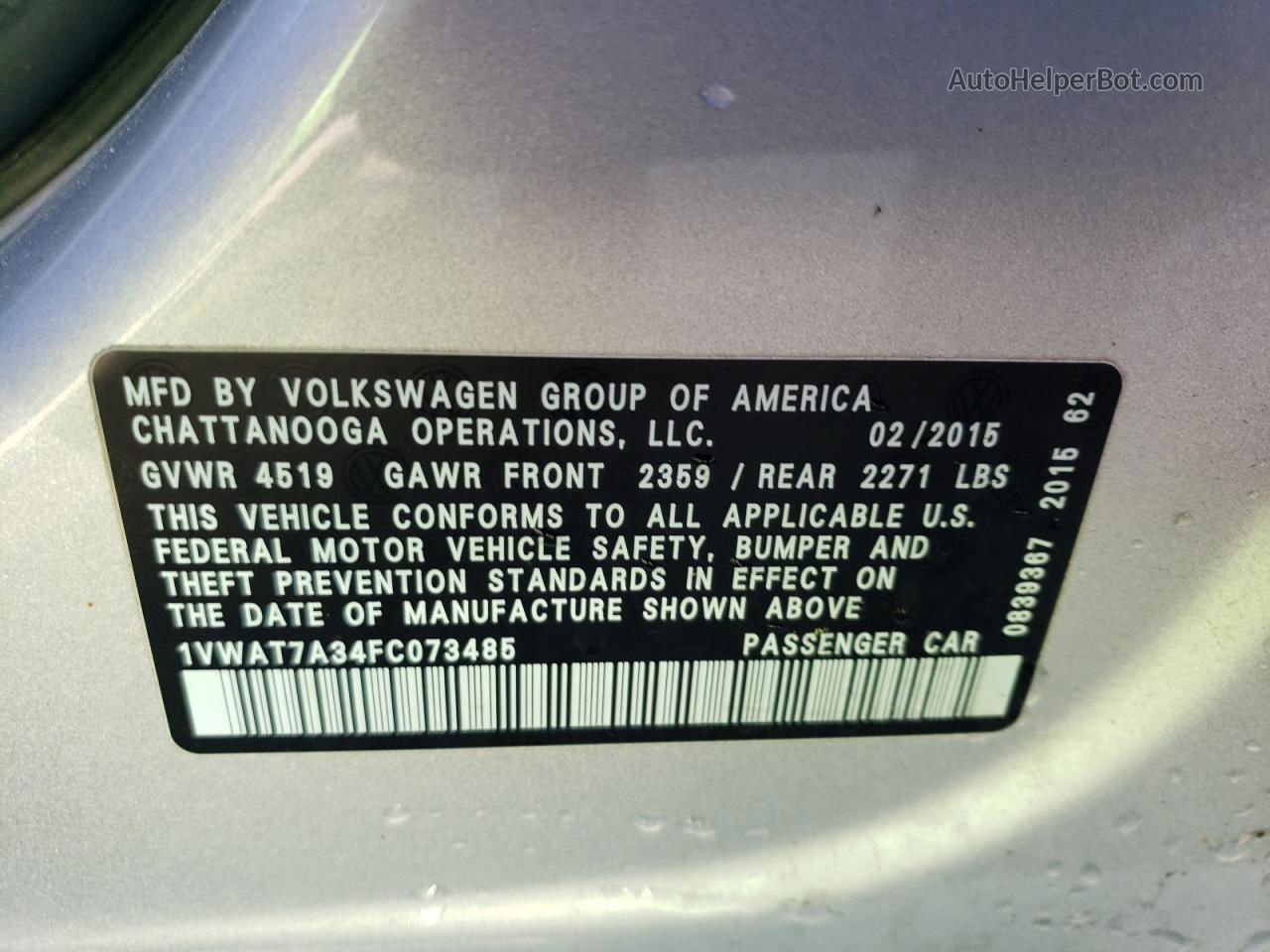 2015 Volkswagen Passat S Серебряный vin: 1VWAT7A34FC073485
