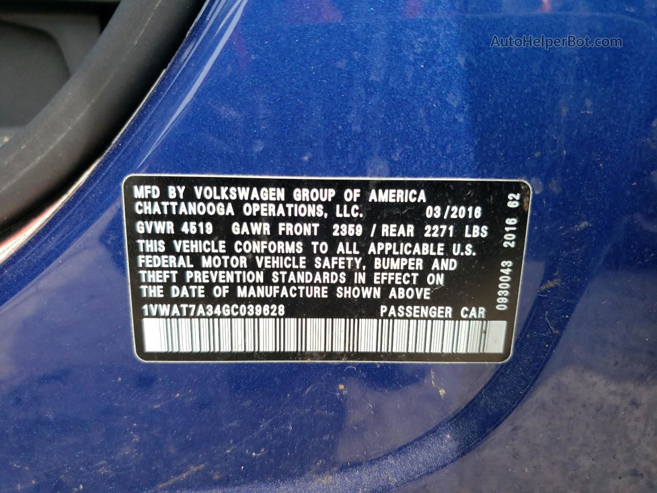 2016 Volkswagen Passat S Blue vin: 1VWAT7A34GC039628