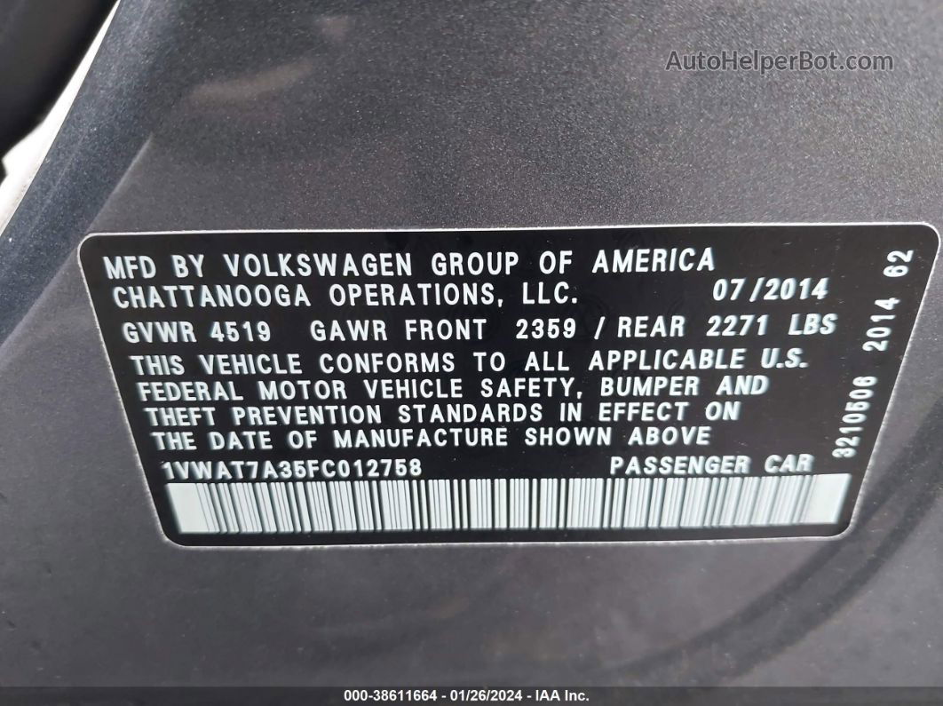 2015 Volkswagen Passat 1.8t S Gray vin: 1VWAT7A35FC012758