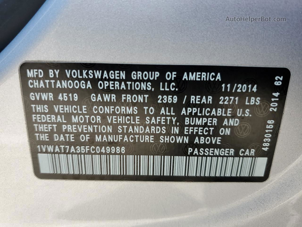 2015 Volkswagen Passat S Silver vin: 1VWAT7A35FC049986