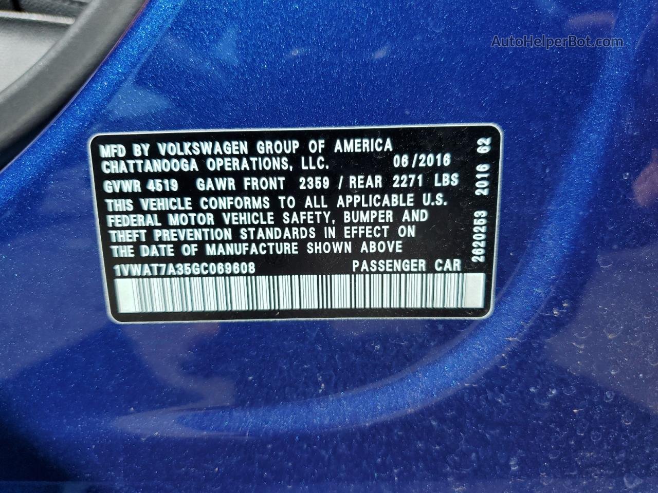 2016 Volkswagen Passat S Синий vin: 1VWAT7A35GC069608