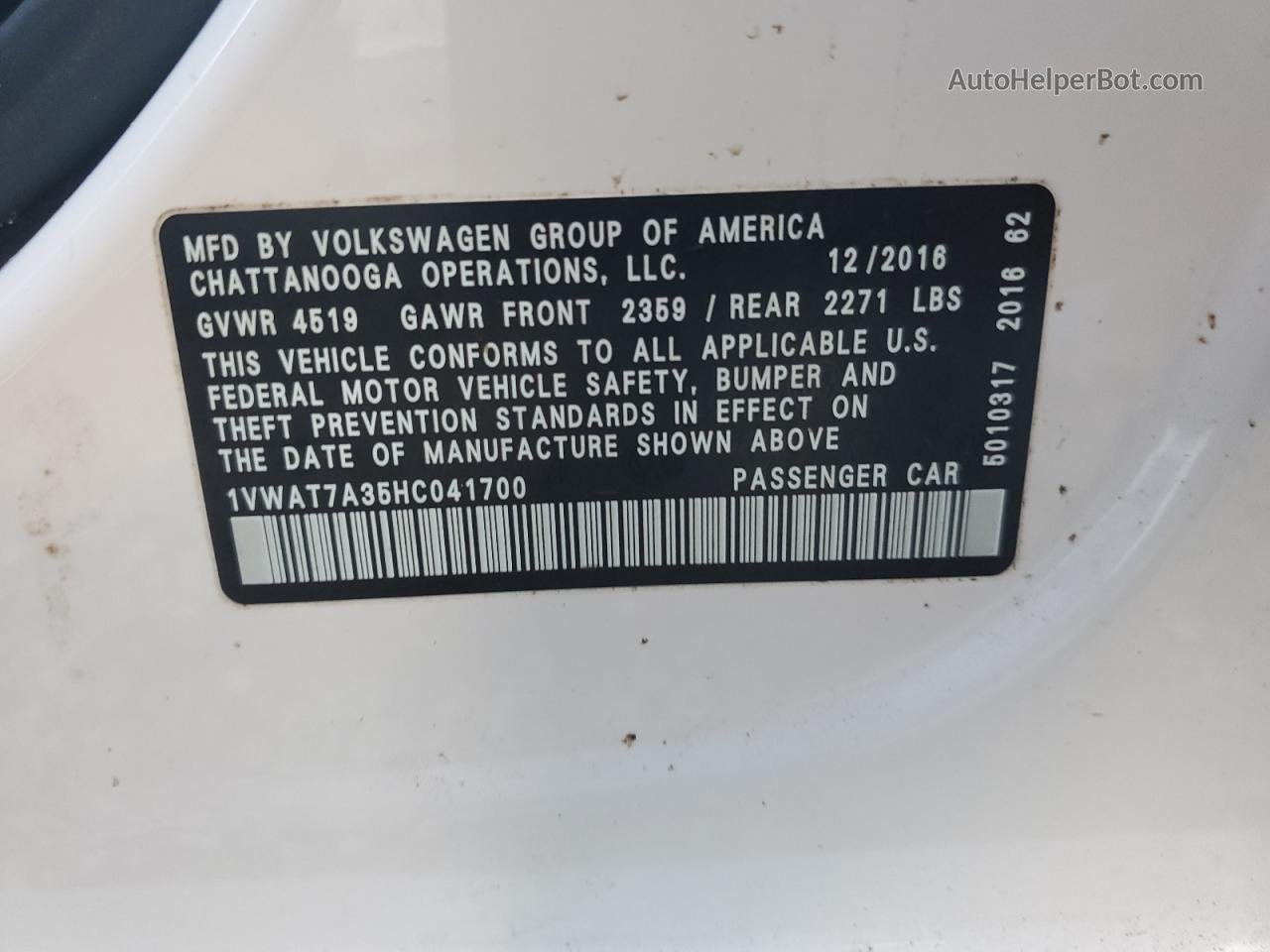 2017 Volkswagen Passat S White vin: 1VWAT7A35HC041700