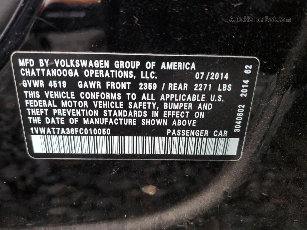 2015 Volkswagen Passat S Черный vin: 1VWAT7A36FC010050
