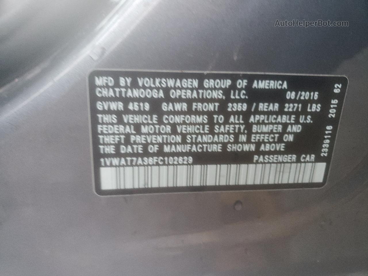 2015 Volkswagen Passat S Gray vin: 1VWAT7A36FC102629