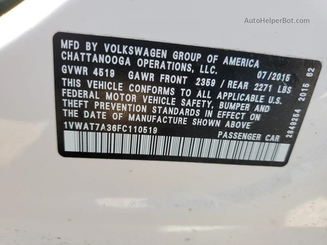 2015 Volkswagen Passat S White vin: 1VWAT7A36FC110519
