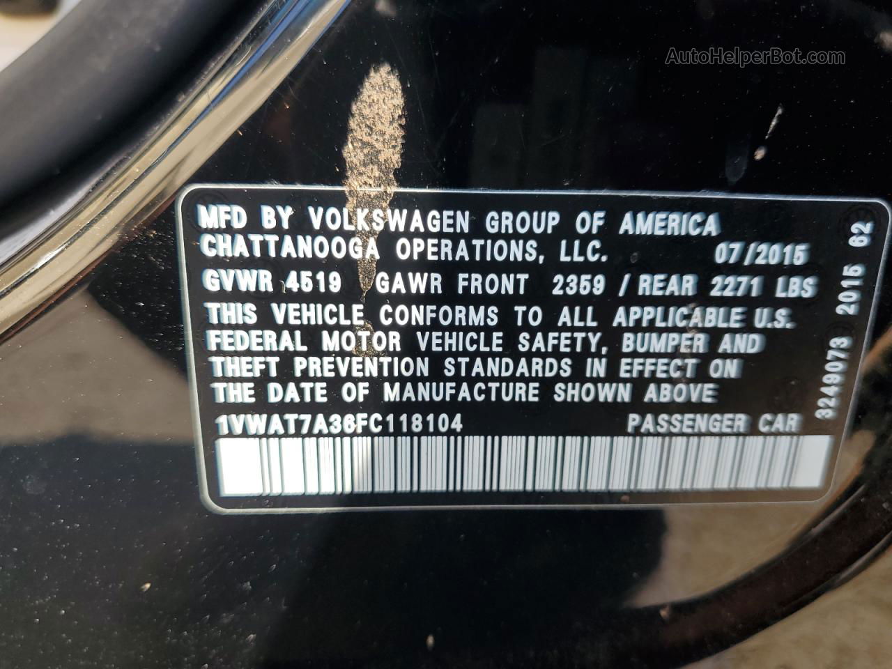 2015 Volkswagen Passat S Черный vin: 1VWAT7A36FC118104