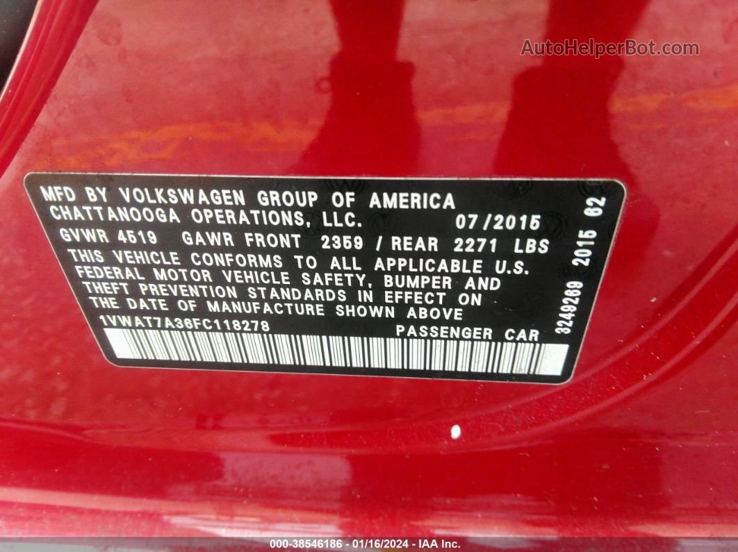 2015 Volkswagen Passat 1.8t Limited Edition Красный vin: 1VWAT7A36FC118278