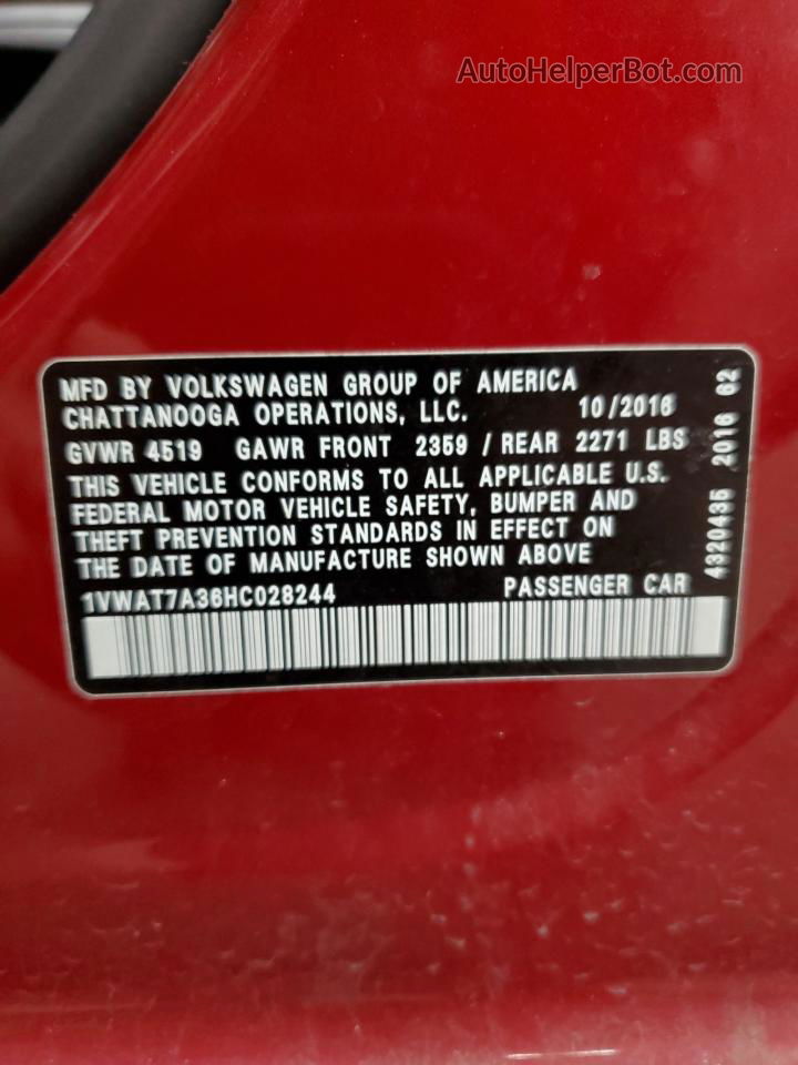 2017 Volkswagen Passat S Red vin: 1VWAT7A36HC028244
