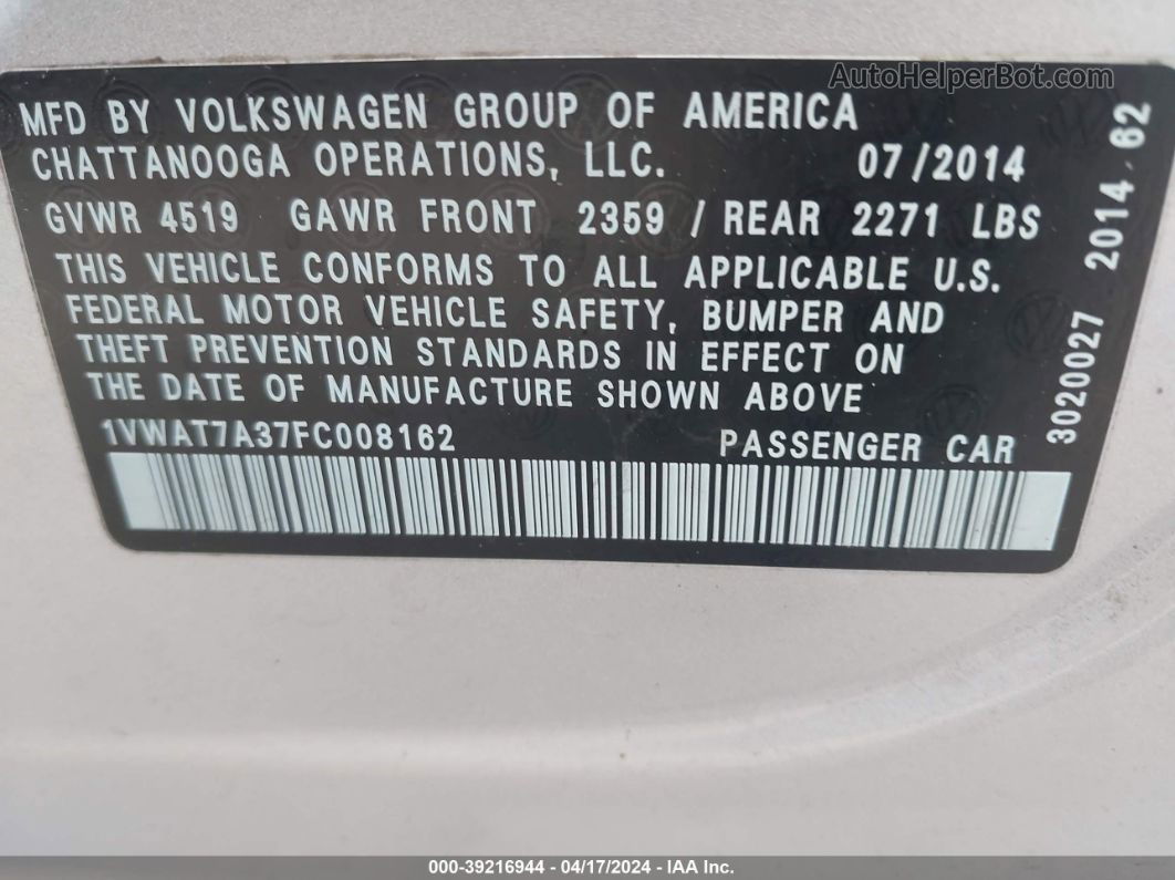 2015 Volkswagen Passat 1.8t S Silver vin: 1VWAT7A37FC008162