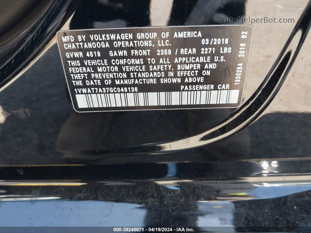 2016 Volkswagen Passat 1.8t S Черный vin: 1VWAT7A37GC046136