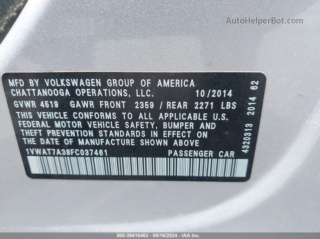 2015 Volkswagen Passat 1.8t Wolfsburg Edition Silver vin: 1VWAT7A38FC037461