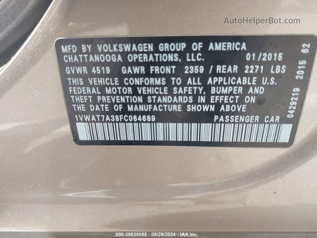 2015 Volkswagen Passat 1.8t S Бежевый vin: 1VWAT7A38FC064689