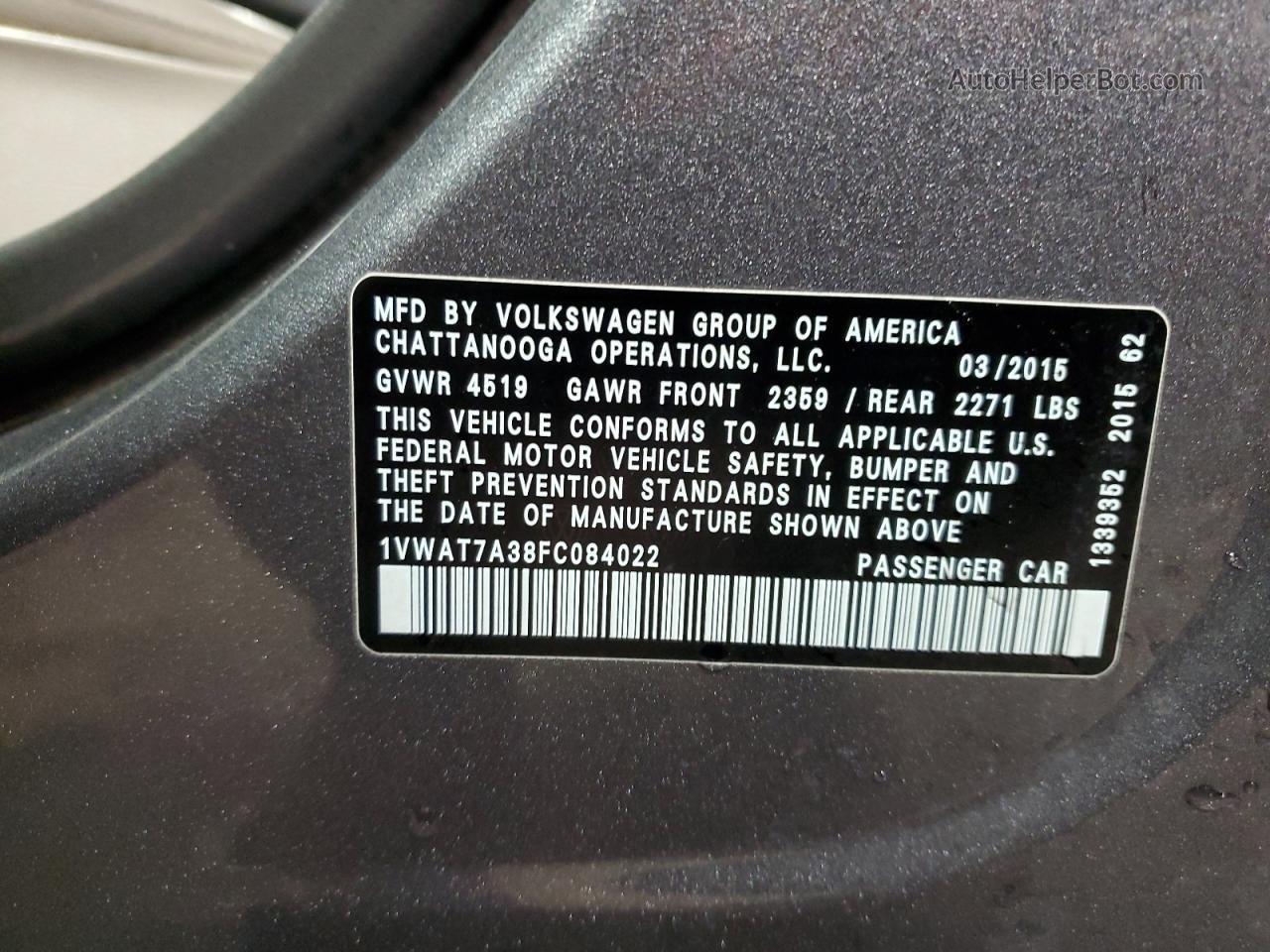 2015 Volkswagen Passat S Gray vin: 1VWAT7A38FC084022