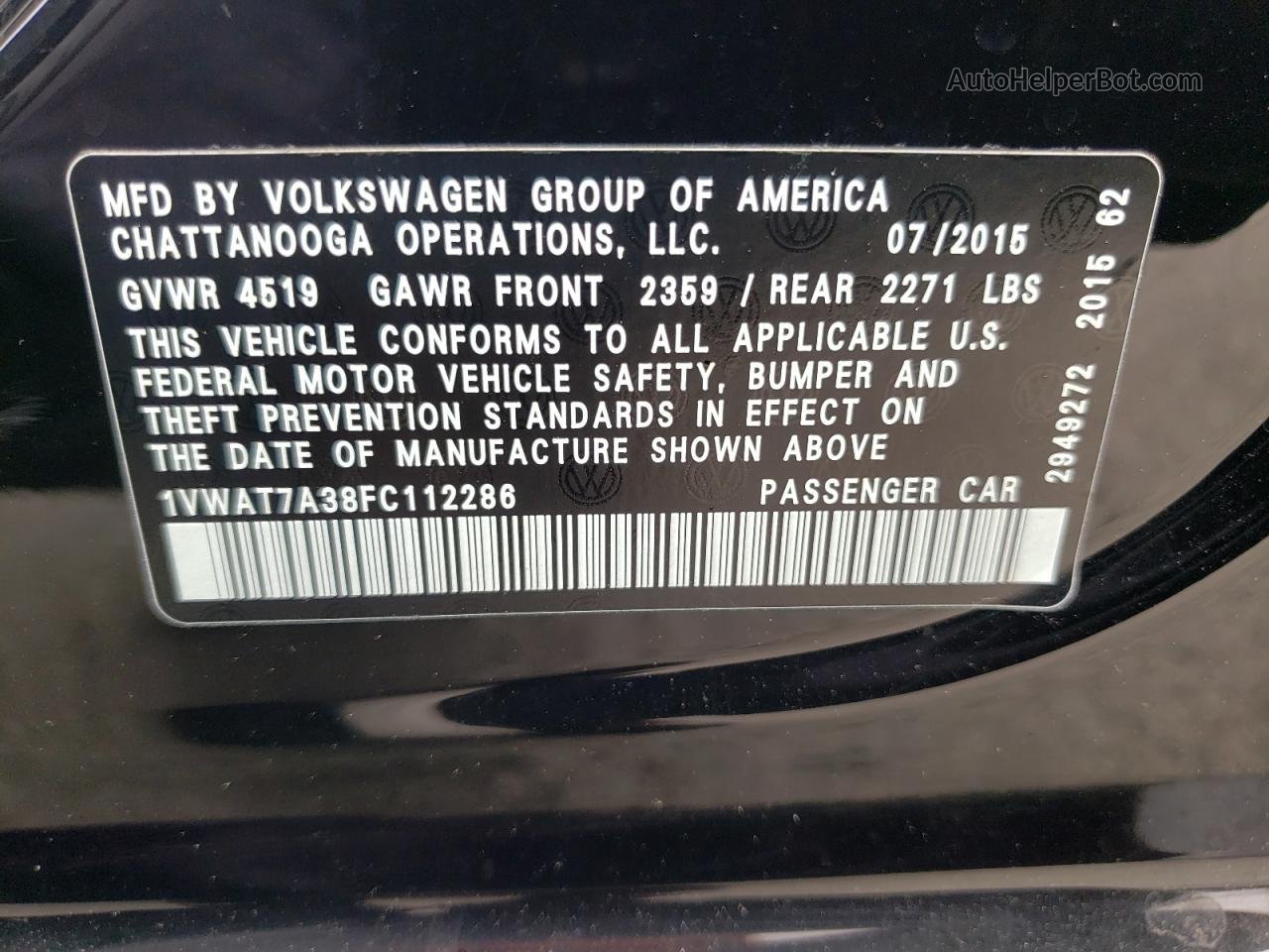 2015 Volkswagen Passat S Black vin: 1VWAT7A38FC112286