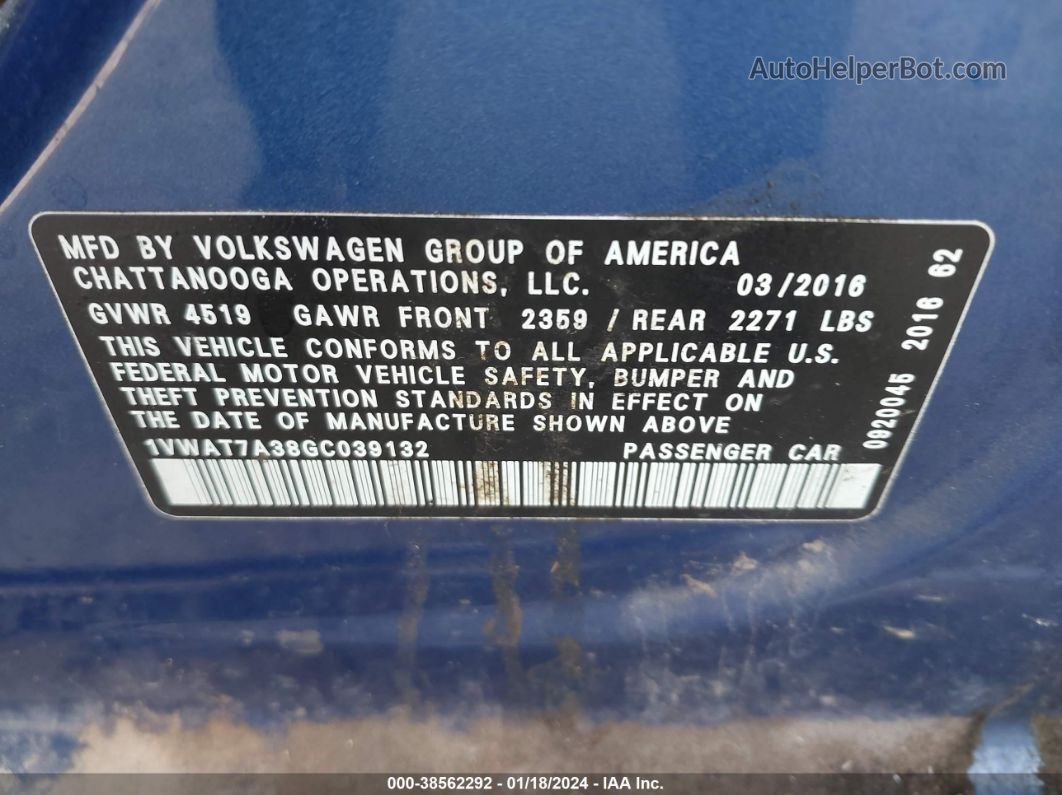 2016 Volkswagen Passat 1.8t S Синий vin: 1VWAT7A38GC039132