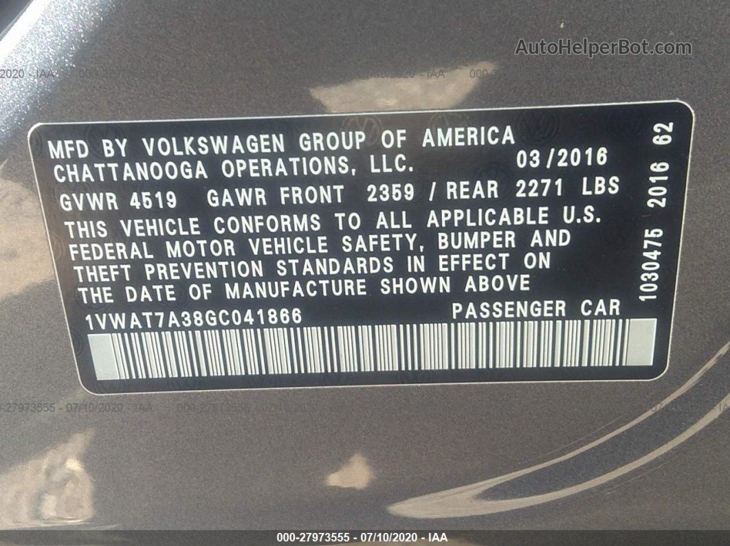 2016 Volkswagen Passat 1.8t S Серый vin: 1VWAT7A38GC041866