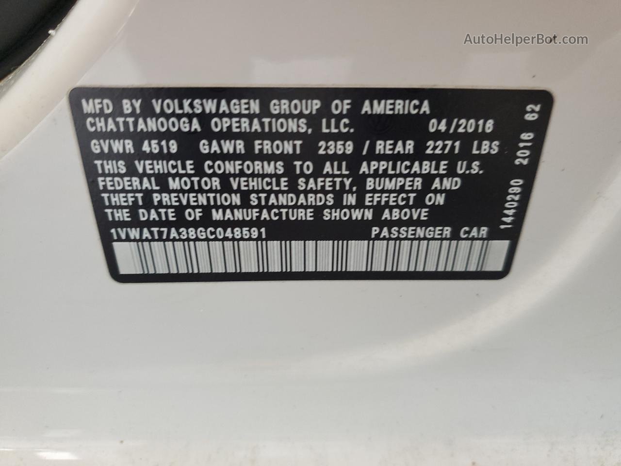 2016 Volkswagen Passat S White vin: 1VWAT7A38GC048591