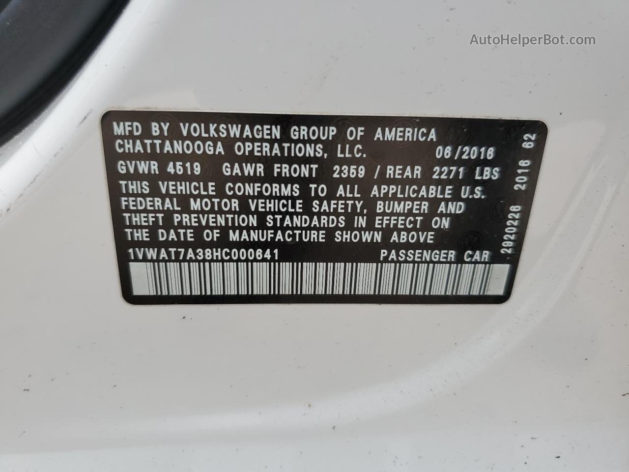2017 Volkswagen Passat S White vin: 1VWAT7A38HC000641