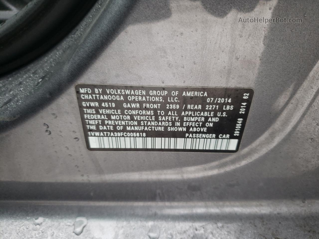 2015 Volkswagen Passat S Серый vin: 1VWAT7A39FC005618