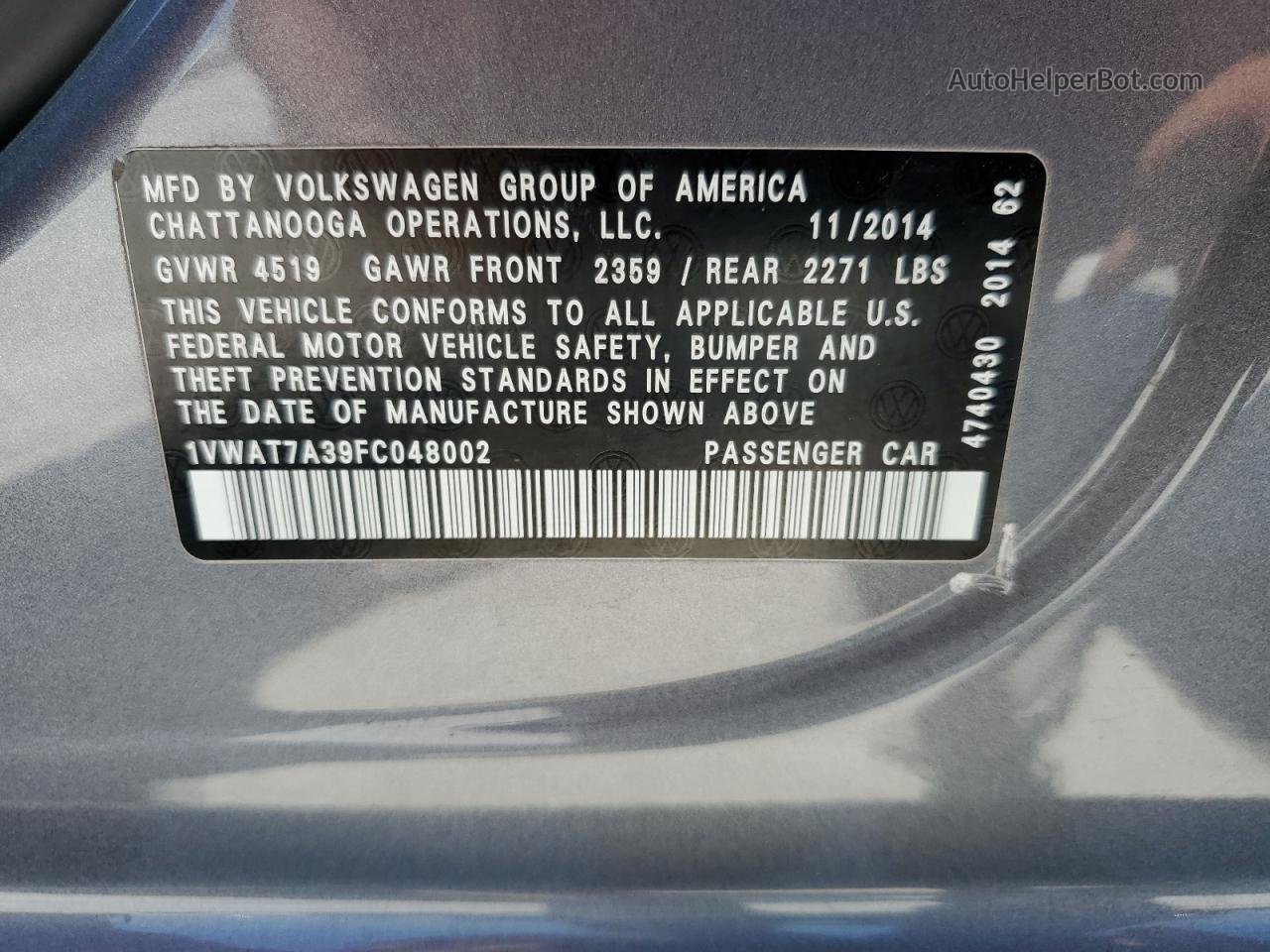 2015 Volkswagen Passat S Серебряный vin: 1VWAT7A39FC048002