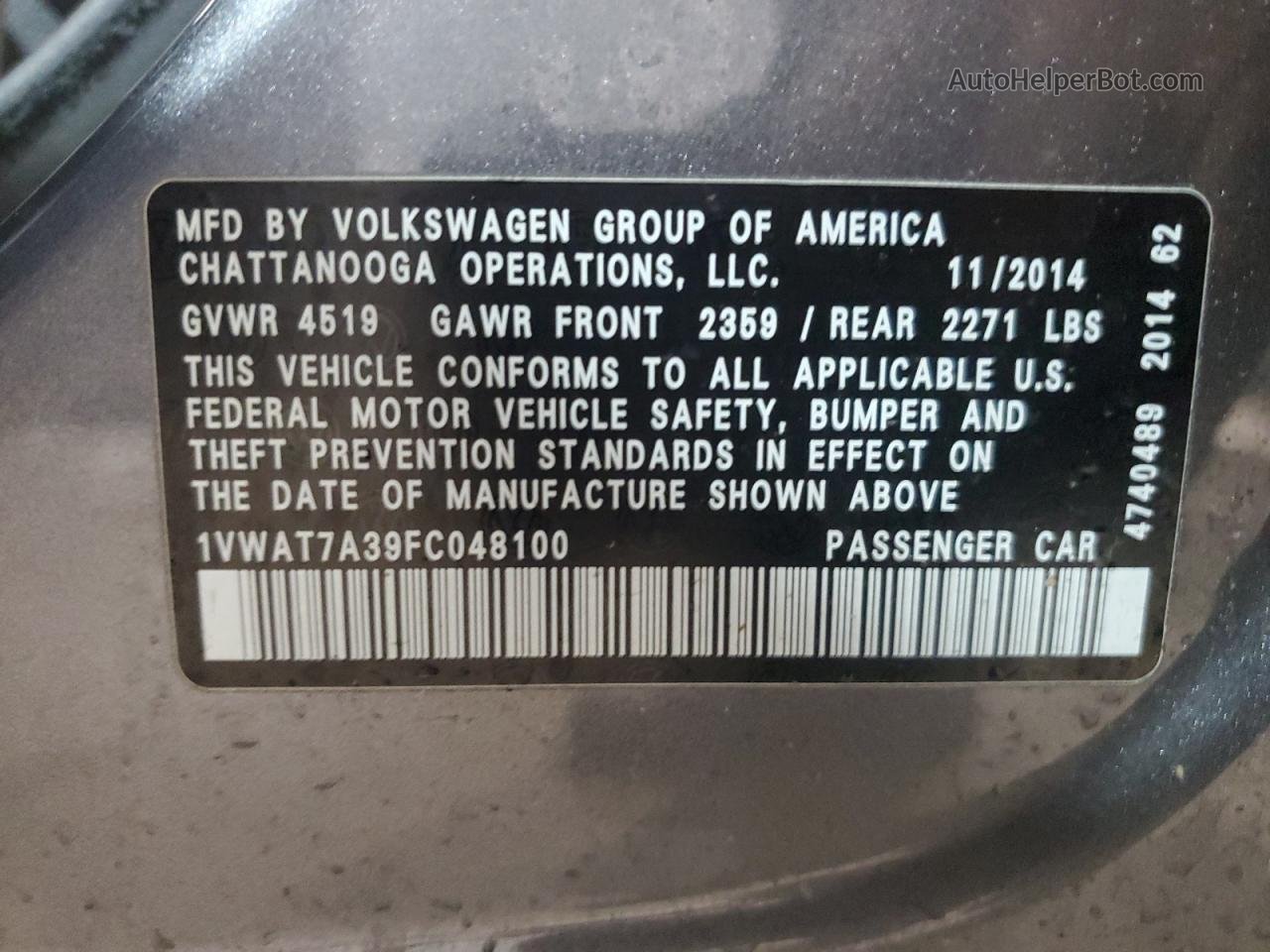 2015 Volkswagen Passat S Gray vin: 1VWAT7A39FC048100
