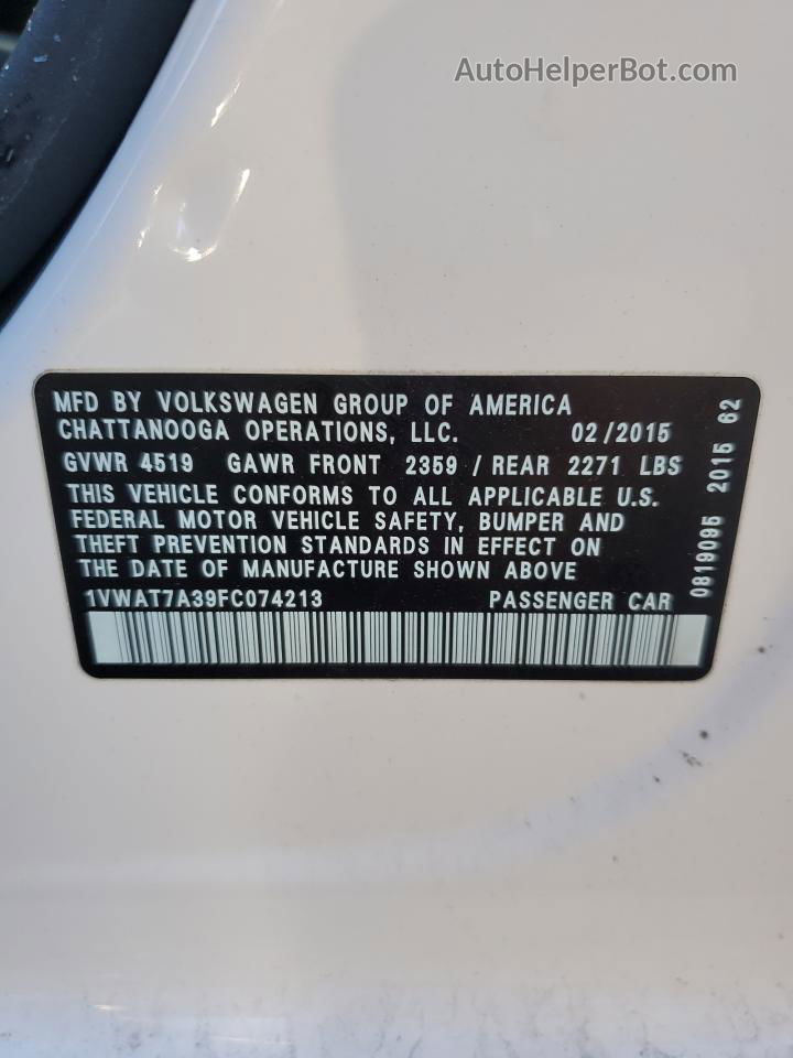 2015 Volkswagen Passat S Белый vin: 1VWAT7A39FC074213