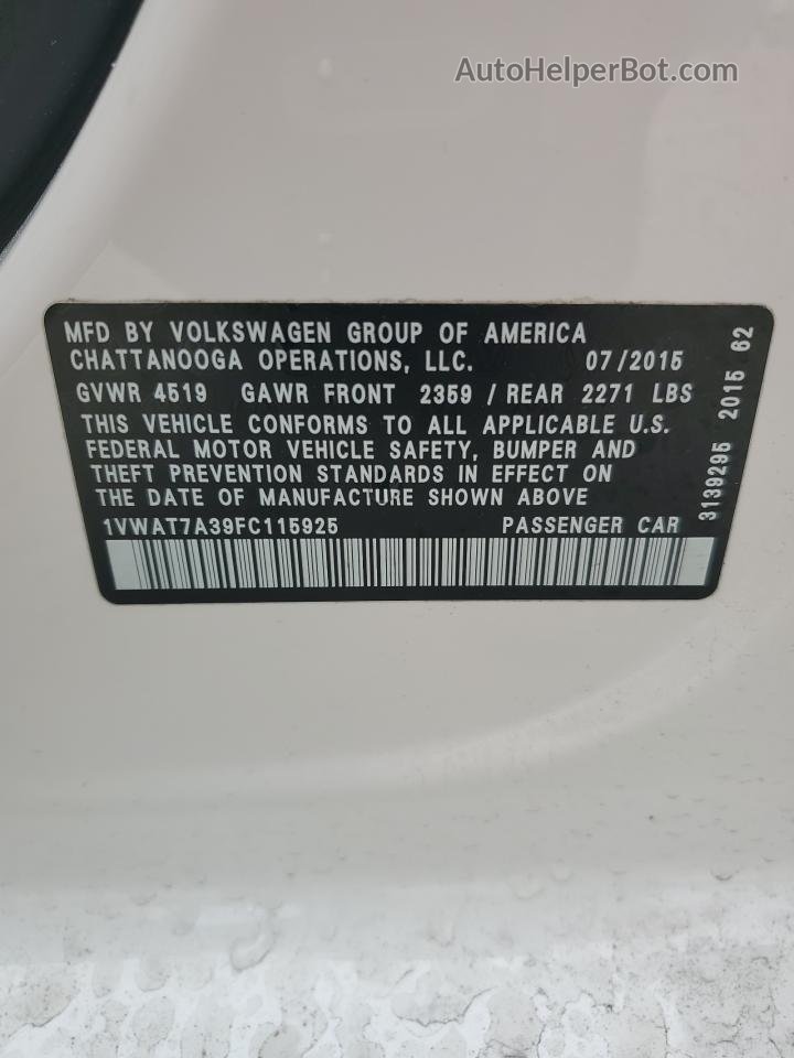 2015 Volkswagen Passat S Белый vin: 1VWAT7A39FC115925