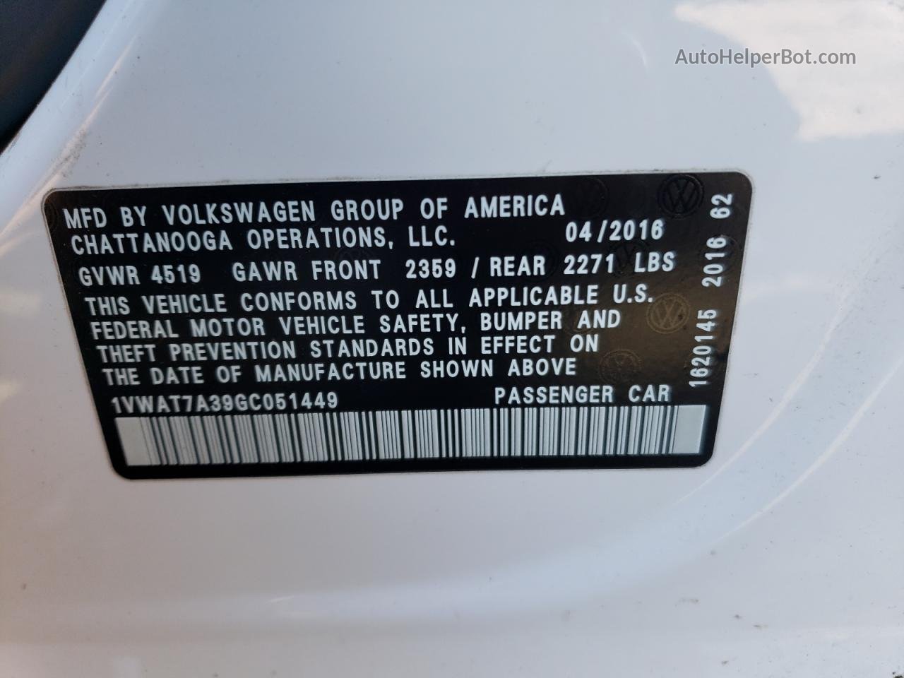 2016 Volkswagen Passat S White vin: 1VWAT7A39GC051449