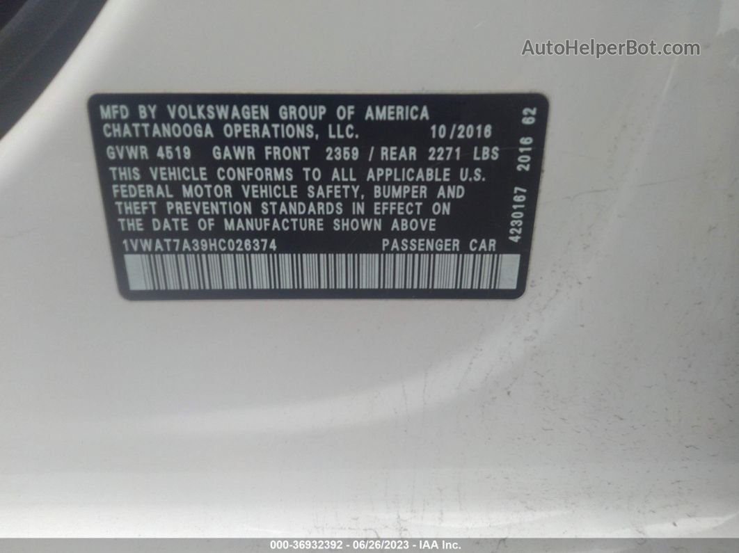 2017 Volkswagen Passat 1.8t S Белый vin: 1VWAT7A39HC026374