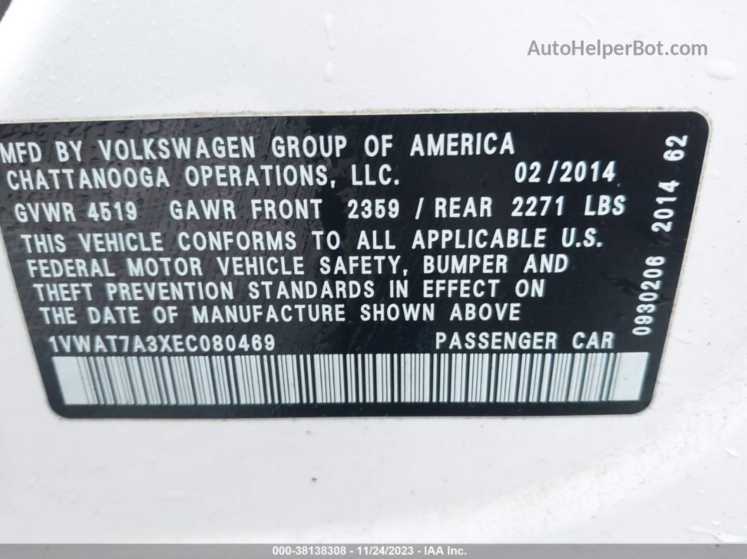 2014 Volkswagen Passat 1.8t Wolfsburg Edition White vin: 1VWAT7A3XEC080469