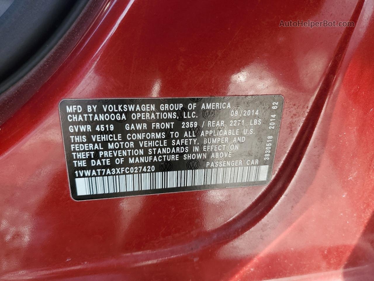 2015 Volkswagen Passat S Red vin: 1VWAT7A3XFC027420