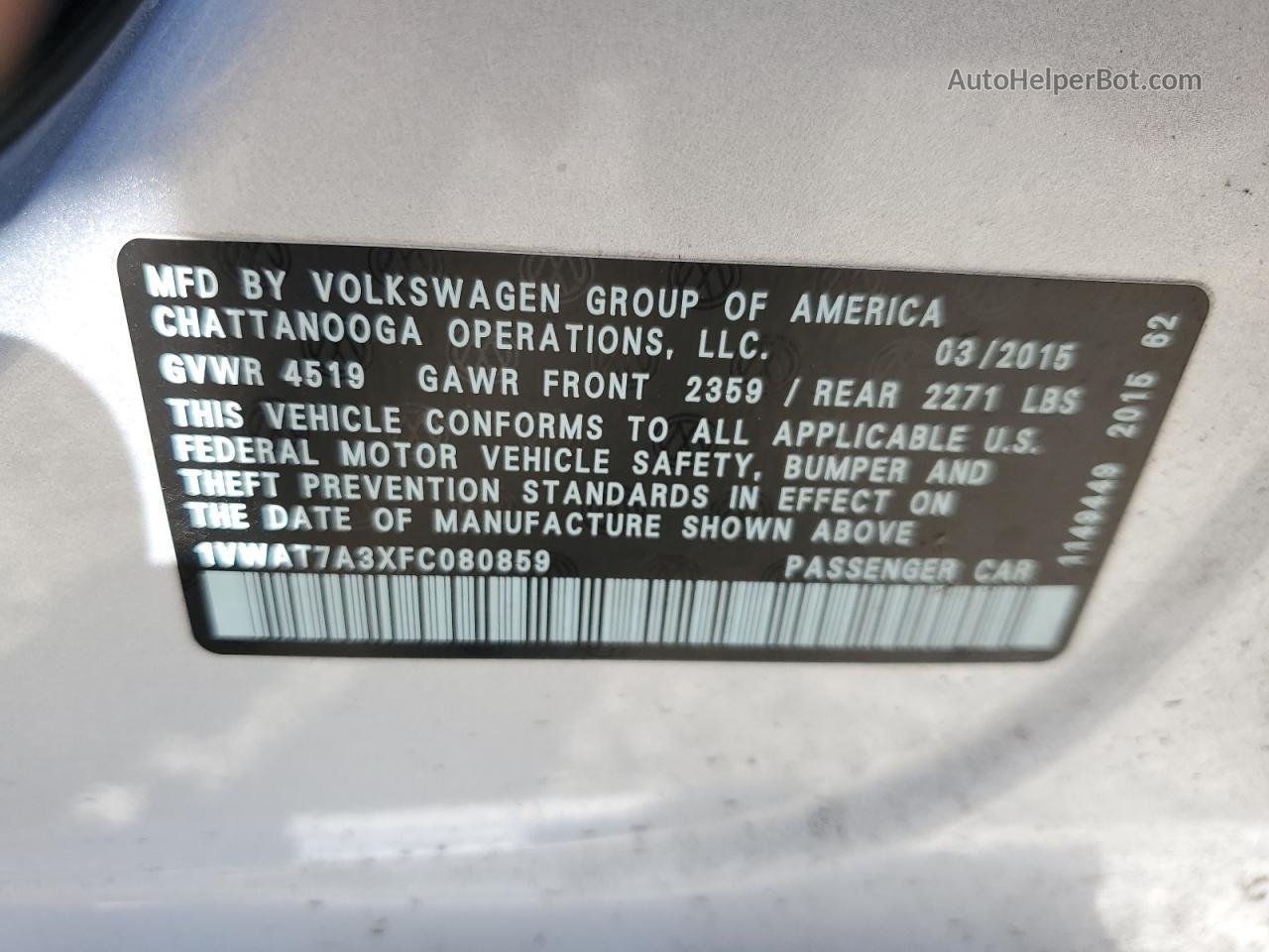 2015 Volkswagen Passat S Silver vin: 1VWAT7A3XFC080859