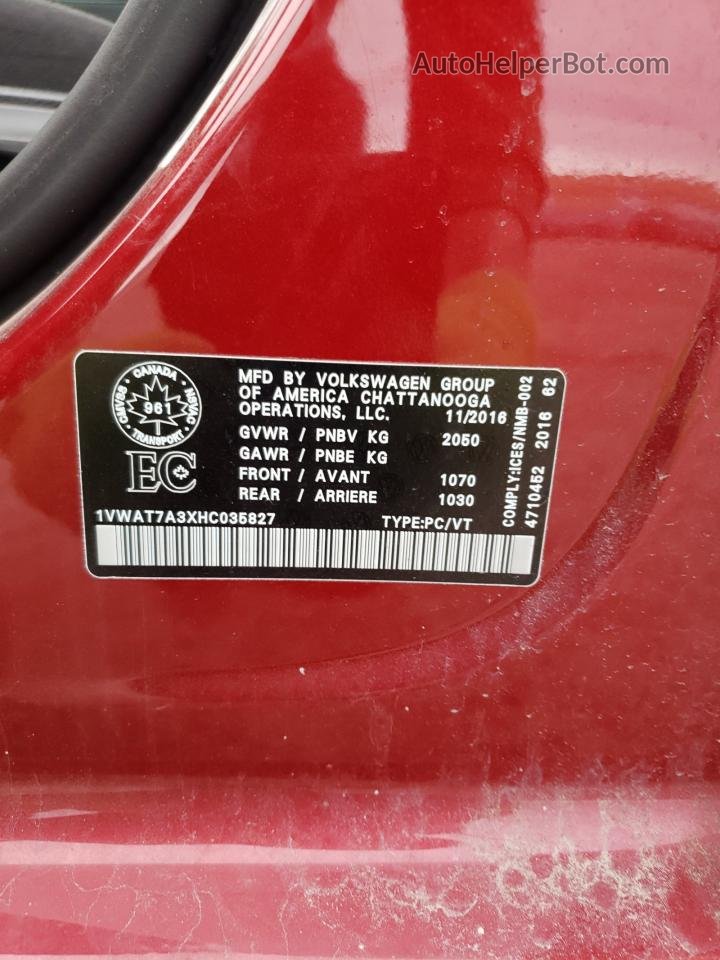 2017 Volkswagen Passat S Red vin: 1VWAT7A3XHC035827