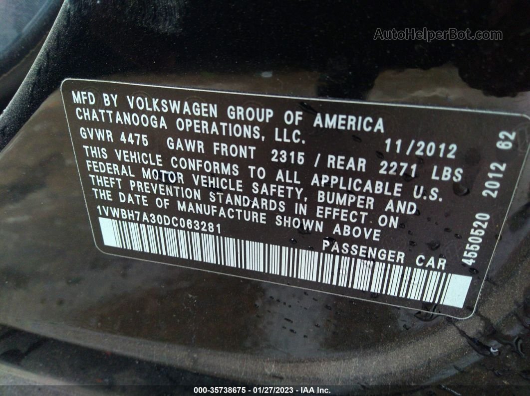 2013 Volkswagen Passat Se W/sunroof Black vin: 1VWBH7A30DC063281