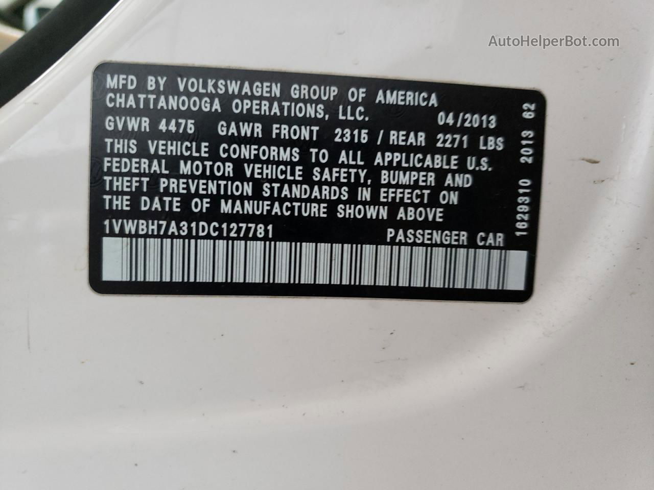 2013 Volkswagen Passat Se White vin: 1VWBH7A31DC127781