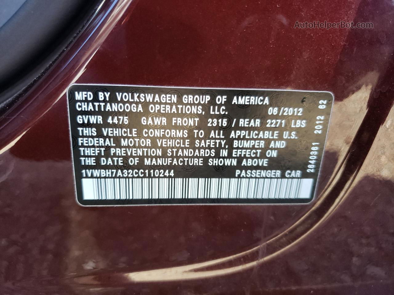 2012 Volkswagen Passat Se Бордовый vin: 1VWBH7A32CC110244