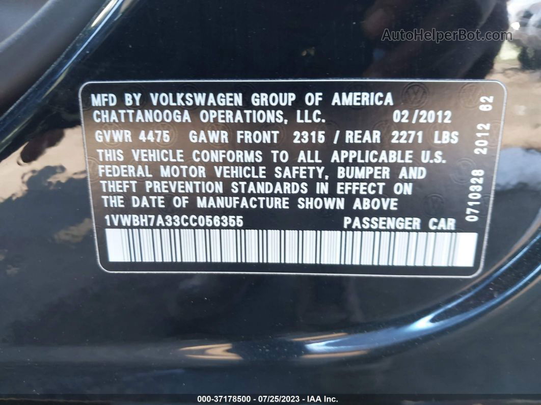 2012 Volkswagen Passat Se Black vin: 1VWBH7A33CC056355