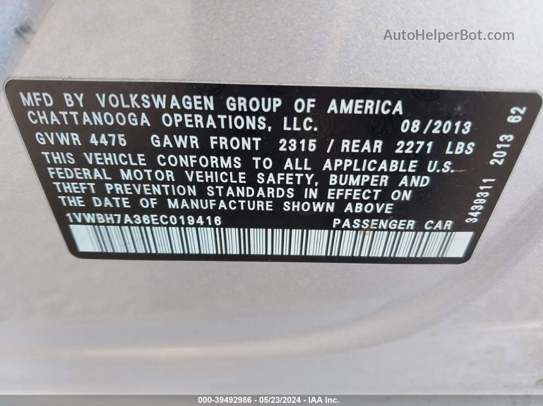 2014 Volkswagen Passat 2.5l Se Silver vin: 1VWBH7A36EC019416