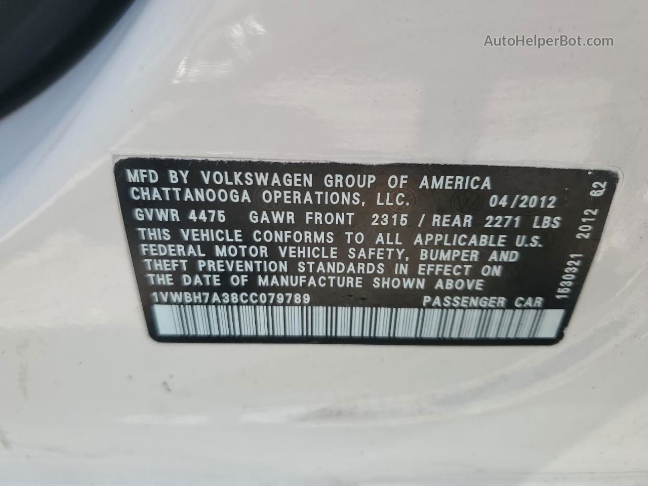 2012 Volkswagen Passat Se White vin: 1VWBH7A38CC079789